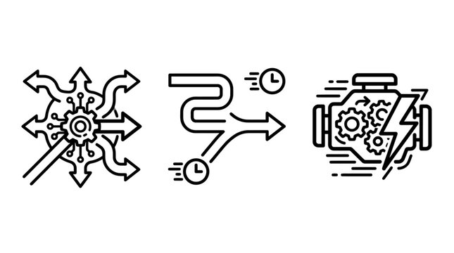 System efficiency and operational process technology icons with efficiency optimization lightning management automation workflow technology performance business logistics operation strategy