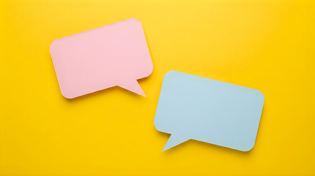 3D render of blank speech bubbles on a vibrant yellow background for communication concept