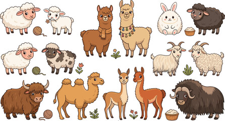 Cute farm and mountain animal cartoon vector collection featuring sheep, alpaca, llama, rabbit, goat, camel, yak, and adorable livestock illustrations © Yevhenii creative