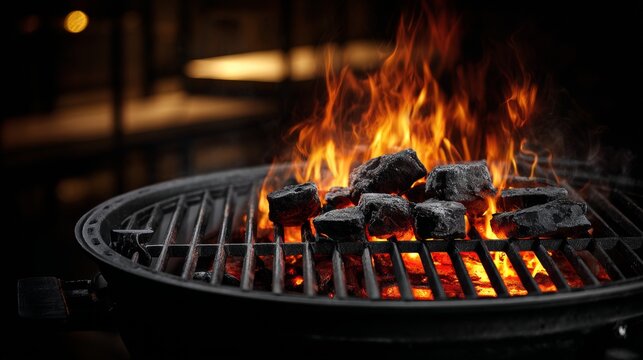Hot coal fire on a grill with flames and smoke at a barbecue event in the evening