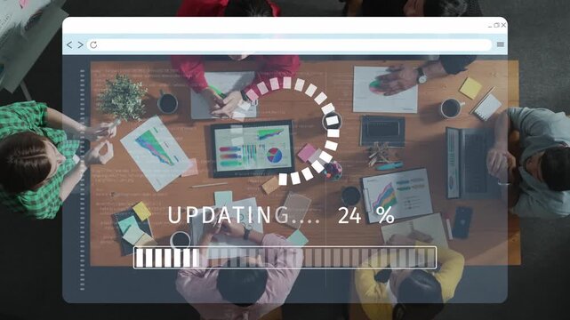 A diverse team collaborates on a project at a modern workspace. An overhead view highlights a progress bar displaying 88percent, emphasizing teamwork and technology in action. Raster