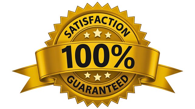 Golden 100 percent satisfaction guaranteed badge with premium quality assurance seal