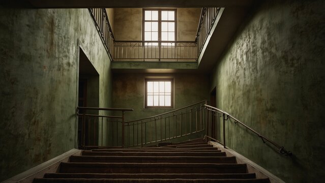 Creative composition of set of stairs leading up to window - Generative AI