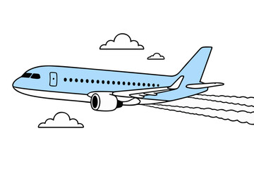 Naklejka premium monoline cartoon of commercial airplane in side profile with contrails