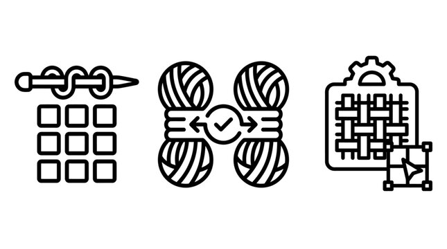 Knitting and weaving production line icon set for textile manufacturing with knitting industry manufacturing production automation equipment mechanical technology textiles workshop creative