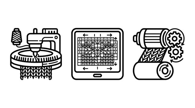 Knitting machine and fabric manufacturing production line icons for digital textile design process with knitting production industrial software manufacturing technology mechanical automation