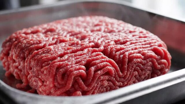 Fresh Raw Ground Beef Mince Block in Metal Tray with Chilled Mist