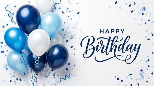 Festive happy birthday greeting card with blue and white balloons and confetti.