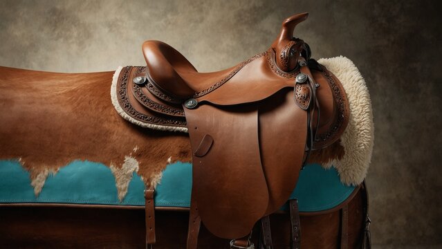 Brown and white horse with saddle, digital art illustration - Generative AI