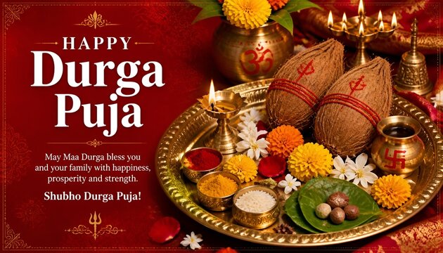 Happy Durga Puja Festival Greeting Background with Traditional Puja Thali, Diya Lamps, Flowers and Sacred Hindu Ritual Items