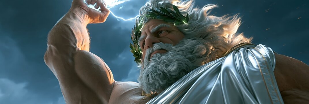 Majestic Zeus wields lightning with divine power as the legendary king of the Greek gods in an epic mythology illustration.