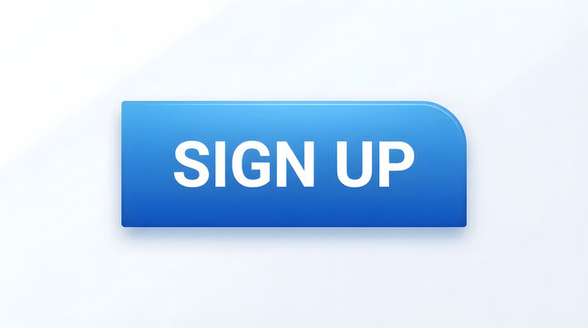 Modern blue call to action button with sign up text in clean minimalist design with set against neutral white background clean rounded rectangular button