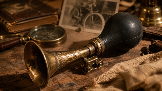 Vintage brass phonograph horn with intricate engravings placed on a wooden table surrounded by antique items including a compass, old photographs, and a piece of fabric