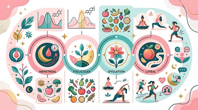 Menstrual cycle phases infographic with nutrition and exercise tips