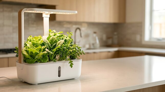 Indoor smart garden growing fresh greens on a kitchen counter