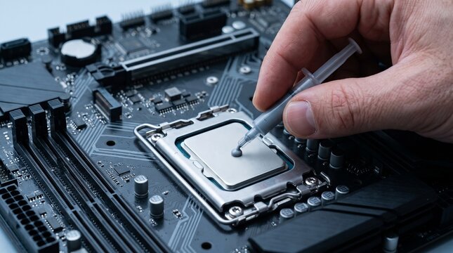 Technician Hand Applying Thermal Compound Paste on Computer Processor