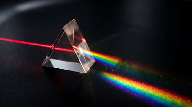 Glass prism refracting red laser into visible color spectrum.