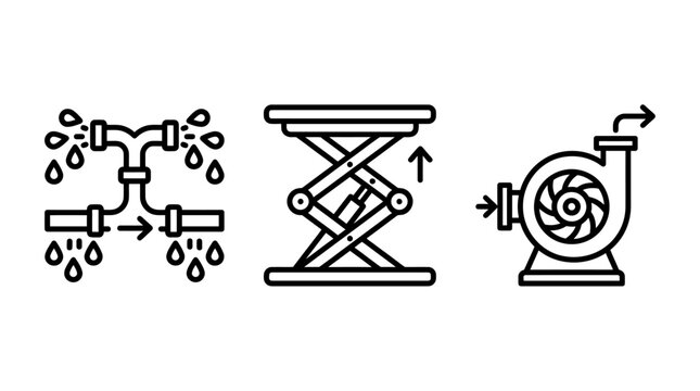 Hydraulic systems and mechanical lifting equipment icons with hydraulic mechanical engineering industrial machinery plumbing infrastructure technology equipment maintenance manufacturing