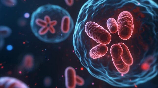 Scientific visualization of mitochondria inside a microscopic cellular environment with subtle particle movement. Ideal for biomedical research, biotechnology, medical education, presentations, and ed
