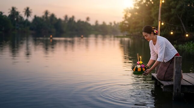 Woman in traditional dress releasing krathong on river at sunset