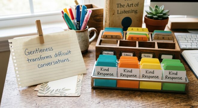 Organized desk with flashcards pens and book promoting effective communication