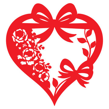 heart floral frame vector with ribbon bow and roses for Valentine day laser cut template