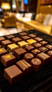 Assortment of gourmet chocolates in a box with blurred background.