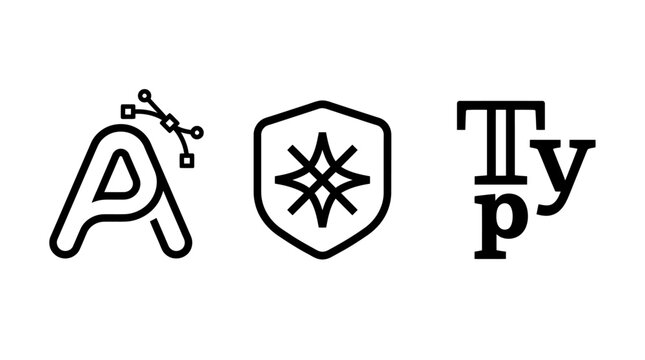 Set of graphic design icons including typography vector paths protective shield star alphabet typesetting with typography alphabet typesetting creative illustration software branding artistic
