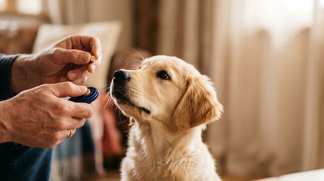 Golden retriever puppy focused on treat during clicker training