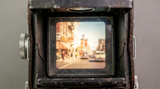 Vintage camera viewfinder showing sunny urban city street.