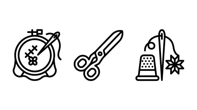 Sewing and embroidery tool kit icons featuring needlework hoop scissors and thimble embroidery scissors stitching handmade equipment creative workshop tailoring needlepoint activity