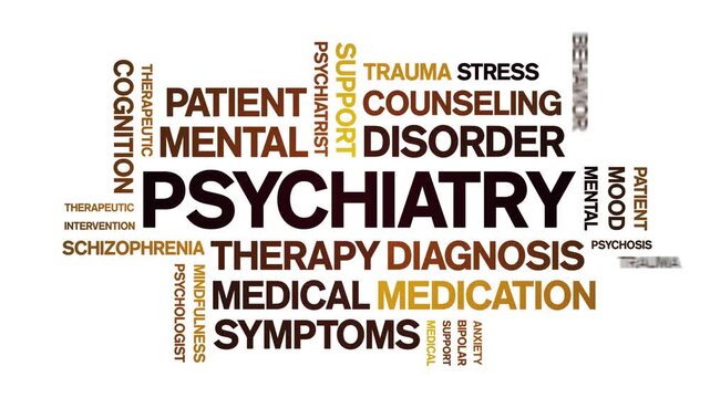 Psychiatry animated word cloud-text design animation tag kinetic typography seamless loop.