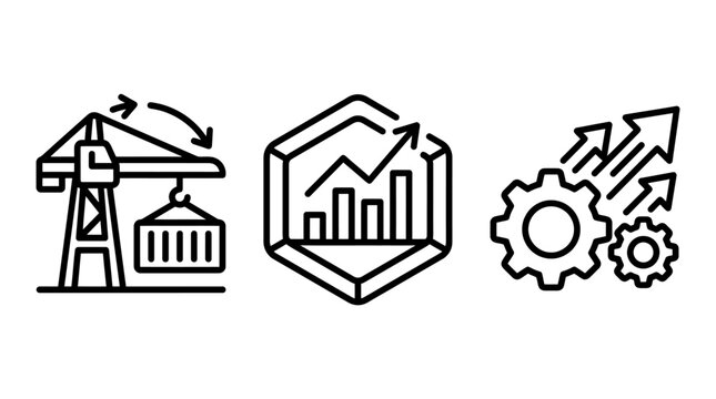 Industrial logistics and business growth line icon set with shipping container business automation logistics industry development optimization productivity management corporate improvement