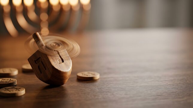 Spinning wooden dreidel with hanukkah coins and bokeh menorah lights