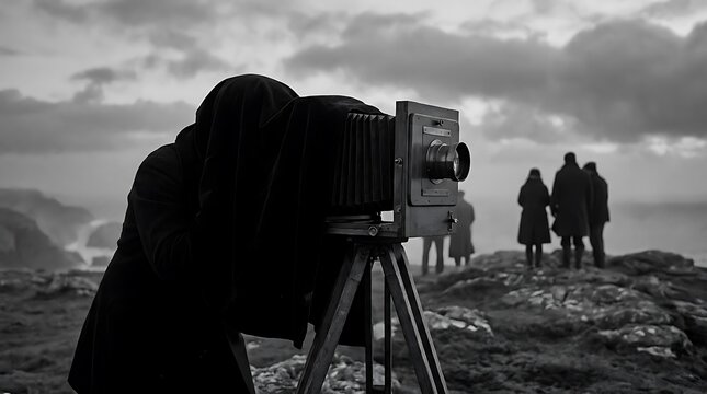 Photographer using large format bellows camera in a landscape.