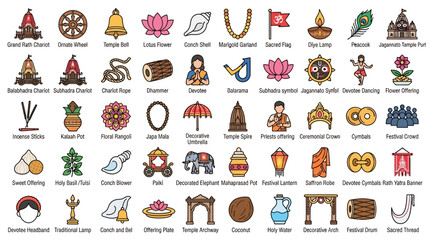Fototapeta premium Set of colorful icons representing traditional Indian religious festival elements and symbols.