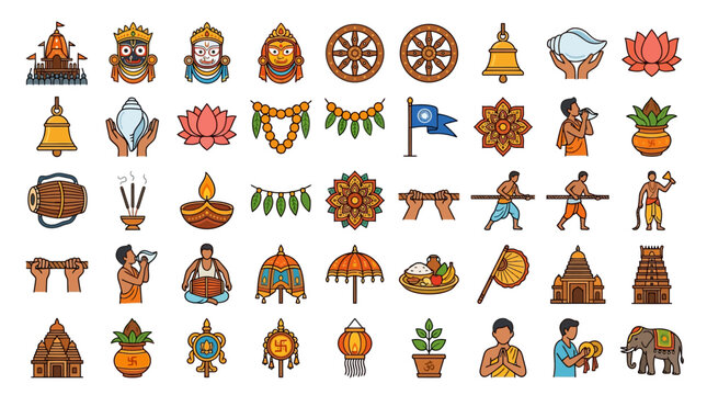 Collection of colorful flat line icons representing Hindu culture and religious traditions.