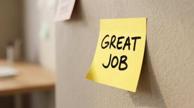 A yellow sticky note featuring the words Great Job in black ink on a textured surface.