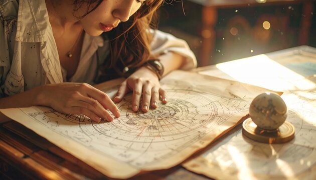 Woman studying ancient map and celestial globe in warm light.
