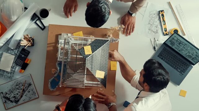Top down aerial view of architect writing sticky note and placed at house model. Professional project manager inspect building construction at meeting table with laptop and equipment. Alimentation.