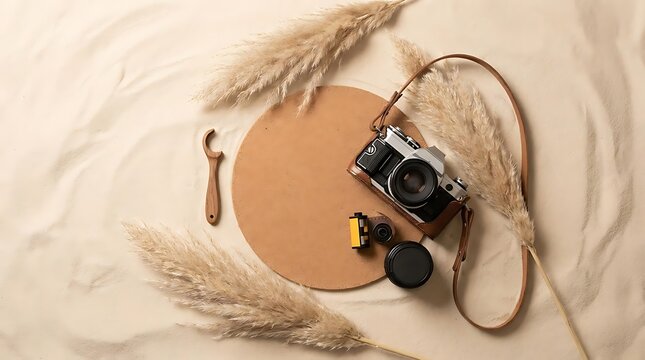 Vintage film camera flat lay on sand.