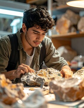 Young man examining geological specimens in a workshop setting.