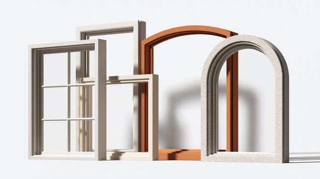Window frames of different architectural styles are placed against a white background for design inspiration.