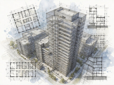 Modern architectural skyscraper blueprint design with floor plans