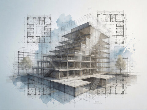Architectural blueprint collage of a modern stepped building