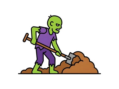 Cartoon Zombie Digging a Grave with a Shovel