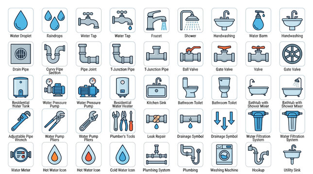 Extensive set of plumbing vector icons showcasing water systems tools pipes fixtures and maintenance.