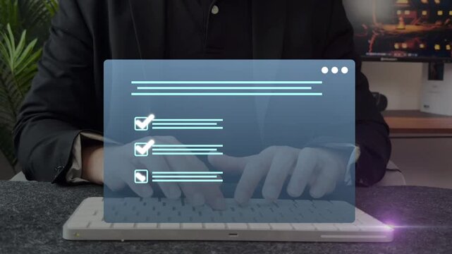Online survey questionnaire with digital feedback form. Filling form, research analytics, technology interface and data review. 