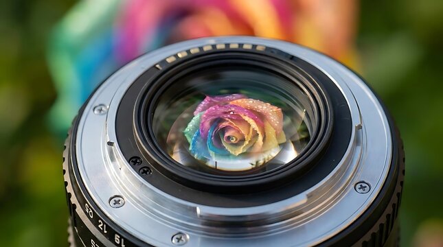 Colorful rainbow rose reflected in professional camera lens.