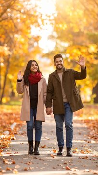 Couple Walking in Autumn Park Waving Hello.